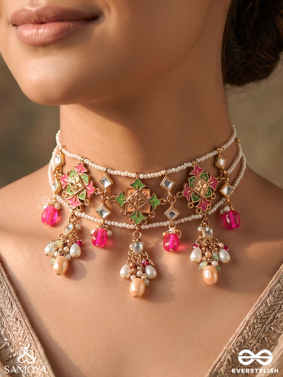 Vedhini – Sacred Adornment – Heritage Choker With Delicate Pearl Strands, Vibrant Pink Bead Drops, Green Accents And Golden Motifs