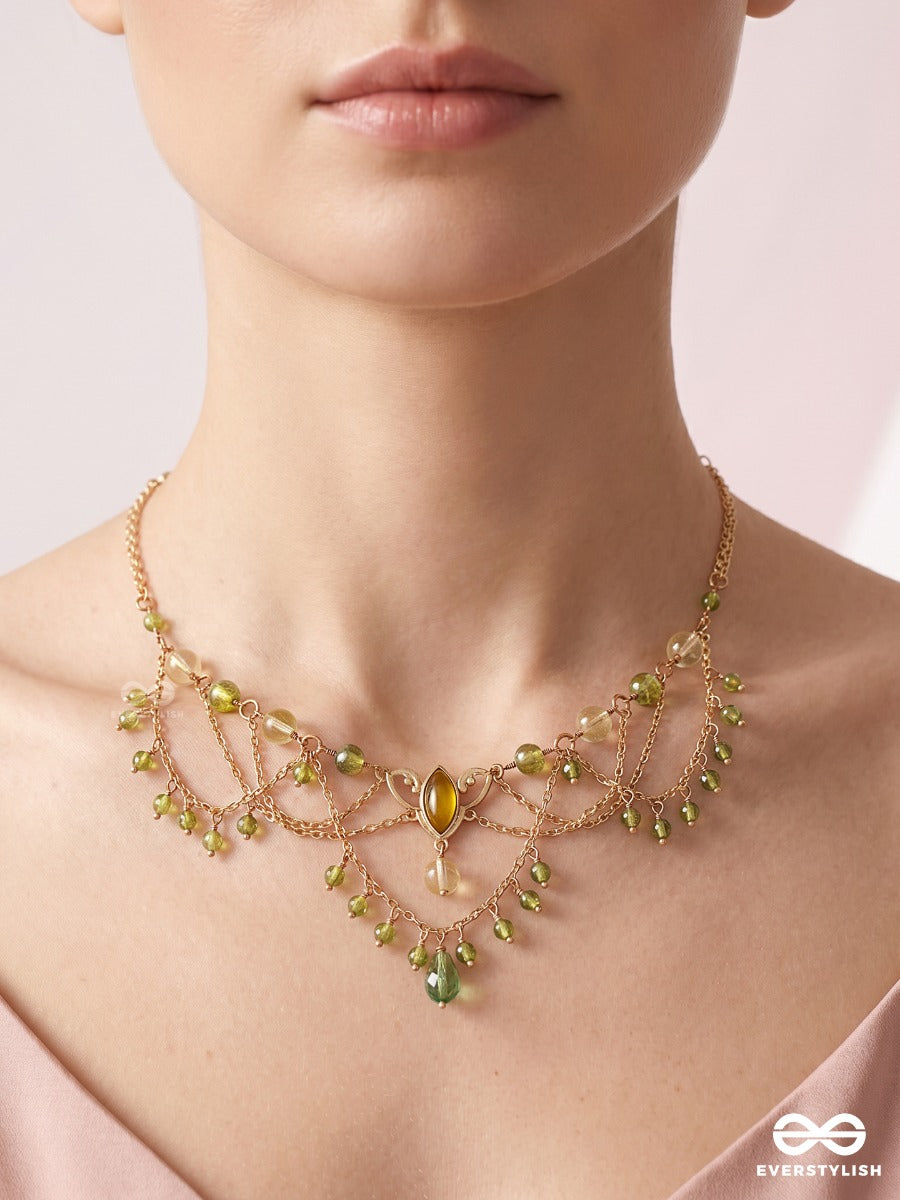 Sage Shimmer – Layered Green Crystal Beaded Drape Necklace With Golden Details