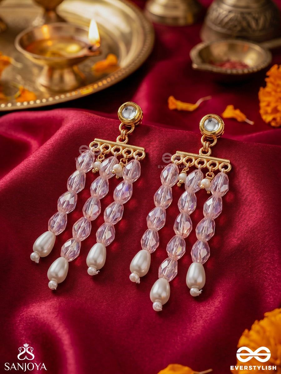 Pushkari – Sacred Lotus – Elegant Dangler Earrings With Three Cascading Pearl Strands, Faceted Crystal Beads And Golden Accents