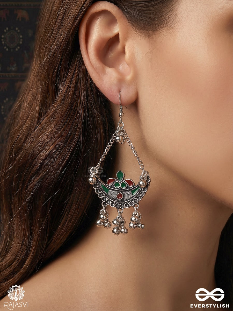 Vrindaja – Oxidised Earrings With Red-Green Floral Accents, Crescent Motifs And Ghungroo Drops