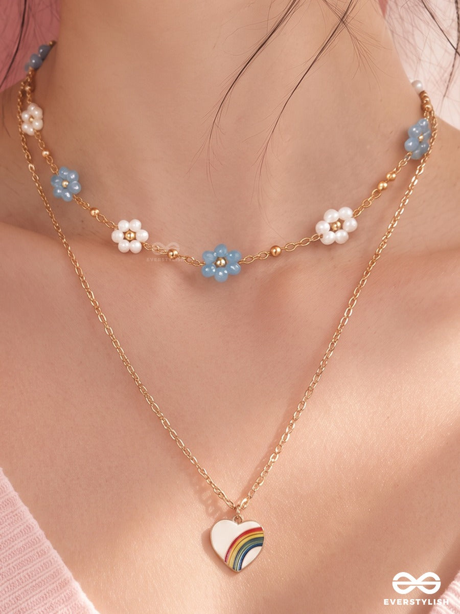 Sky Confetti – Layered Necklace With Aqua Flowers, Pearl Accents And Rainbow Charm