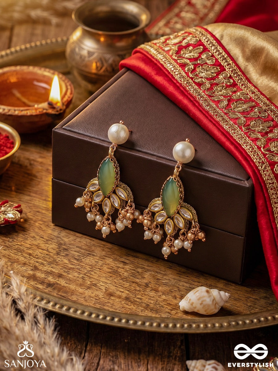 Kshamini - Graceful Lady- Slim Chain Design Kundan Earrings With Leaf Design