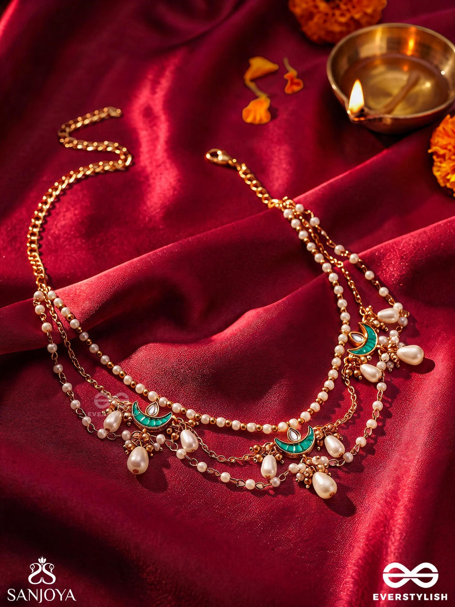 Chandrima – Moonlight – Heritage Armlet (Single) With Triple Pearl Strands, Turquoise Crescent Motifs, Floral Pearl Clusters And Delicate Danglers