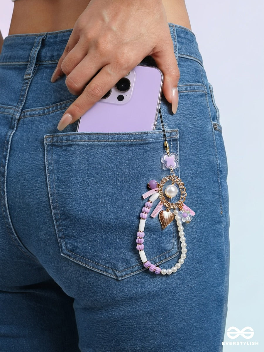 Lavender Latte – Pastel Phone Charm With Pearl Loop And Floral Details