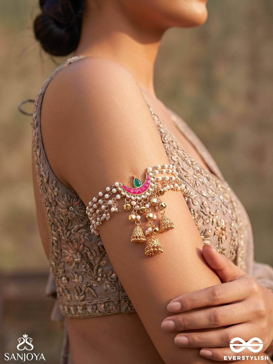 Shringara – Divine Adornment – Heritage Armlet (Single) With Layered Pearl Strands, Enamel Crescent Motif, Jhumki Charms And Ghungroo Accents