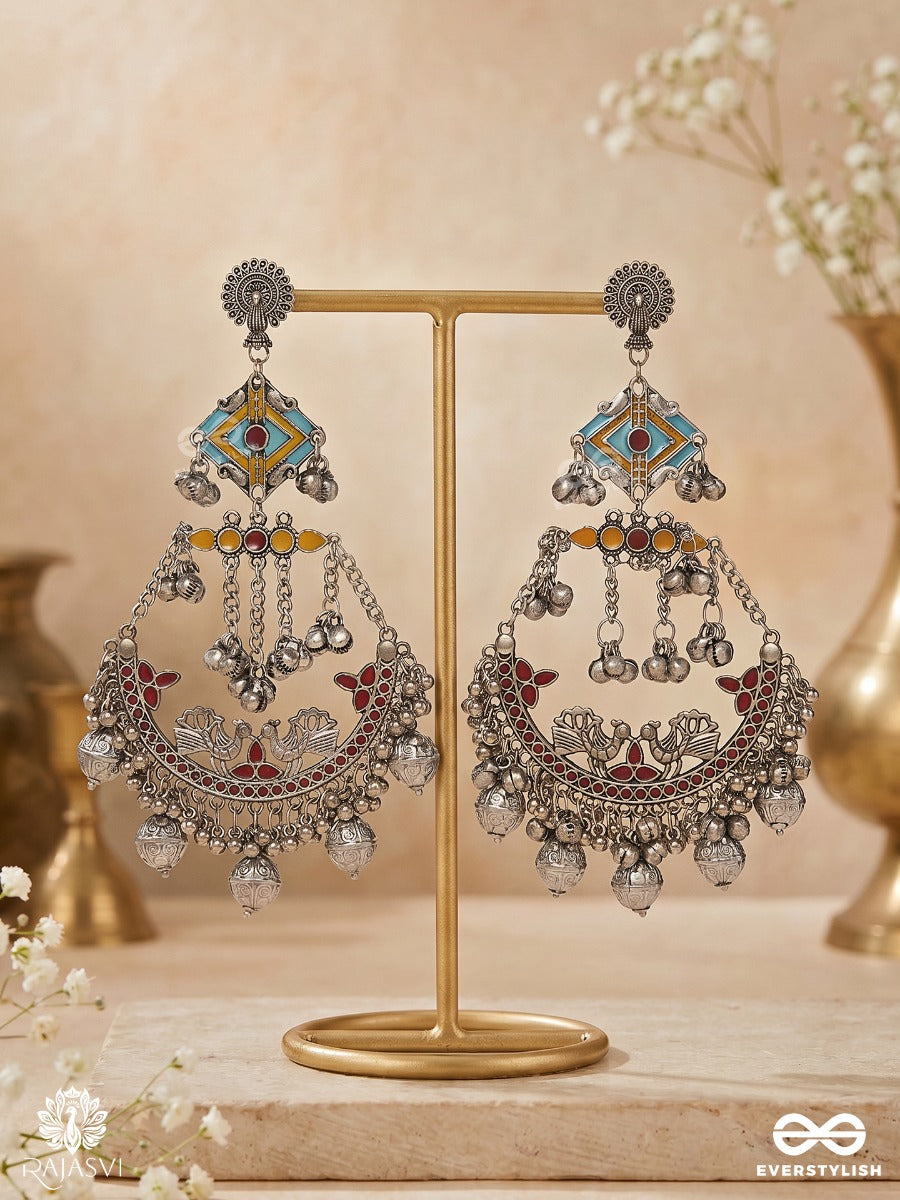 Rajmeenakari – Oxidised Chandbali Earrings With Blue Enamel Motifs, Lotus Filigree And Ghungroo Drops