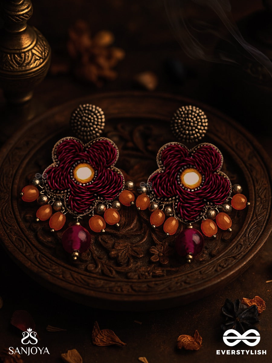 Svastmit - Bloom In The Sunset - Mirror, Dabka, Resham And Glass Drops Hand Embroidered Oxidised Earrings
