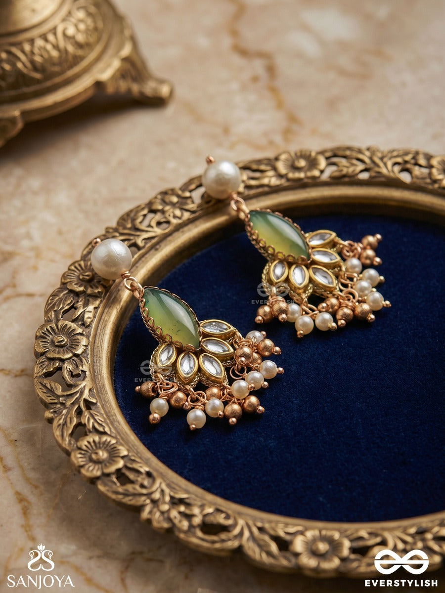 Kshamini - Graceful Lady- Slim Chain Design Kundan Earrings With Leaf Design