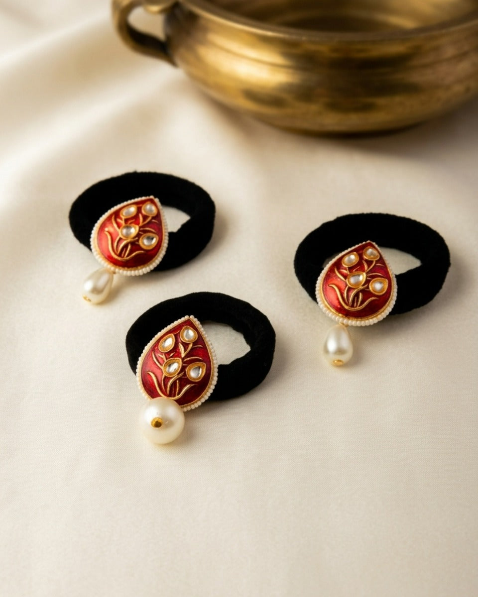 Parnavi - Ornamental Leaf - Pack Of 3 Hair Accessories With Deep Red Enamel Motifs, Kundan-Style Stones, Pearl Edging And Statement Pearl Drops