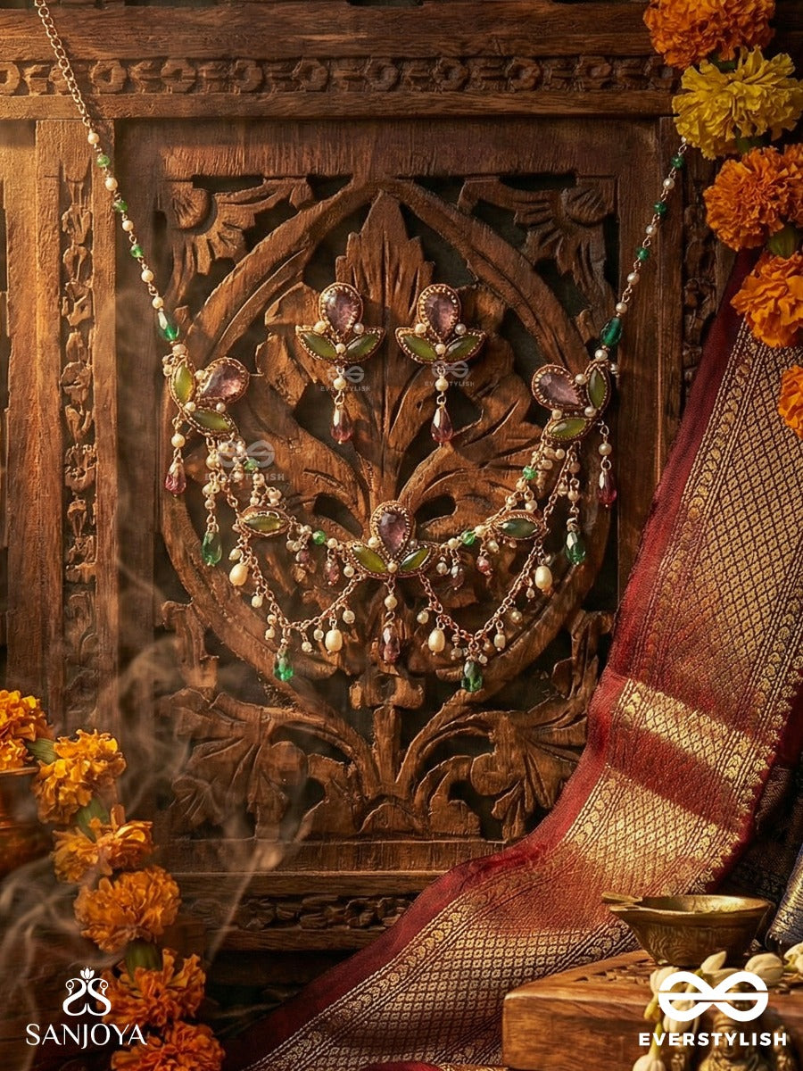 Aabharan - The Royal Ornament - Stones, Beads, Glass And Pearl Drop Hand Embroidered Set With Neckpiece & Earrings With Anti-Tarnish Coating