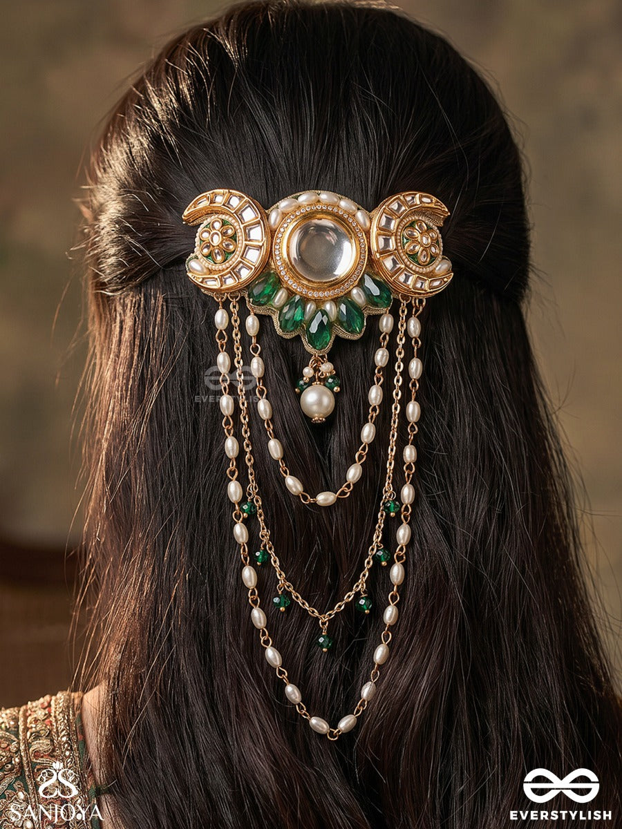 Ardhika – Little Crescent – Heritage Hair Accessory With Crescent Meenakari Motifs, Mirror Kundan Centre, Pearl Chains And Emerald Bead Accents