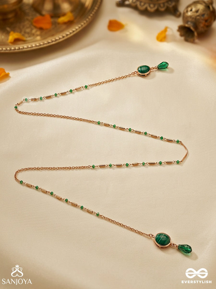 Vanarekhi – Forest Trace – Ornate Face Let With Slender Gold-Tone Chains, Green Stone End Motifs And Delicate Bead Accents