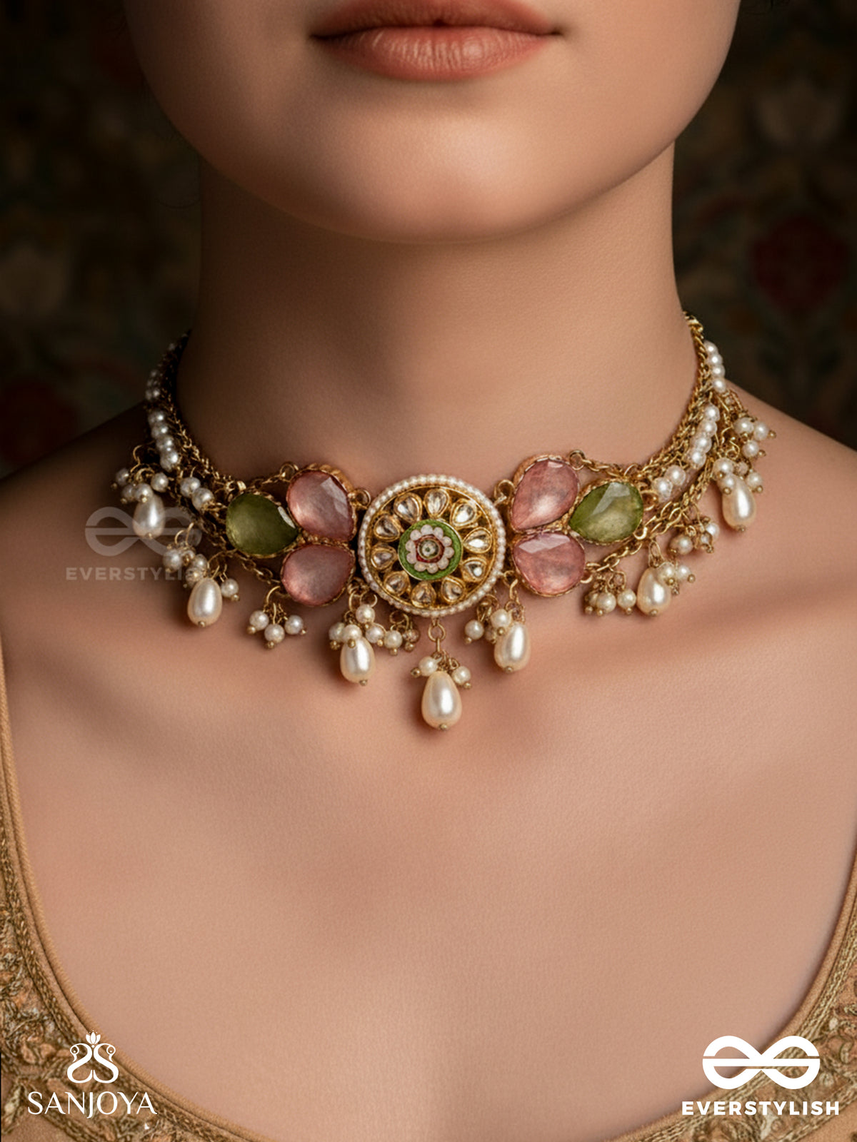 Tarunima - Freshness- Simple Graceful Choker Neckpiece With Gemstones, Kundan And Pearls