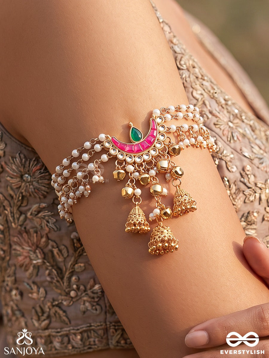 Shringara – Divine Adornment – Heritage Armlet (Single) With Layered Pearl Strands, Enamel Crescent Motif, Jhumki Charms And Ghungroo Accents