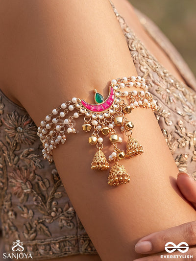 Shringara – Divine Adornment – Heritage Armlet (Single) With Layered Pearl Strands, Enamel Crescent Motif, Jhumki Charms And Ghungroo Accents