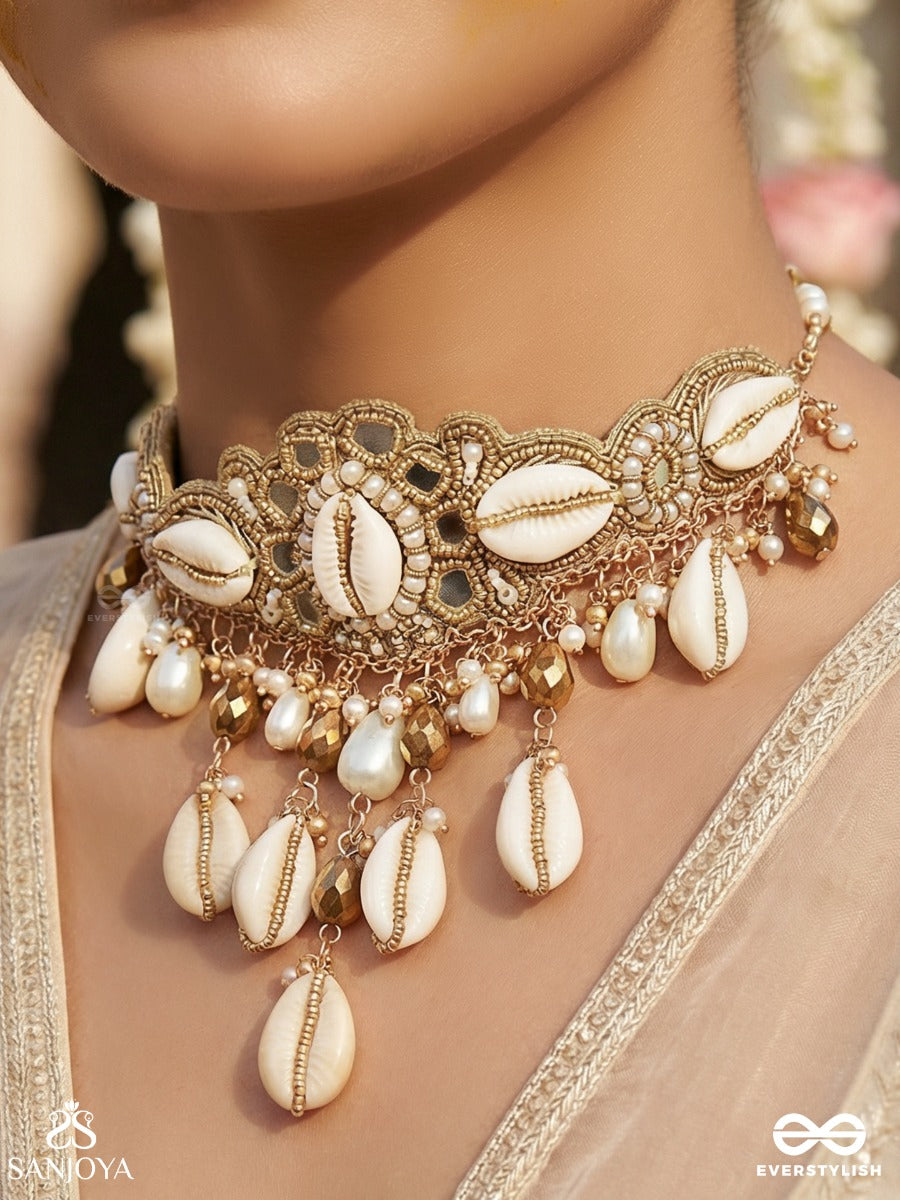 Lavana- The Coast Memoirs- Shells, Beads And Glass Drops Hand Embroidered Choker Neckpiece