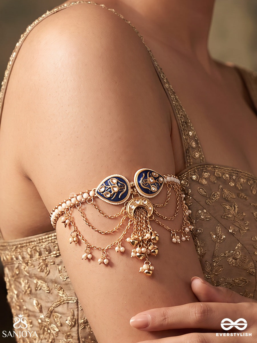 Vaijayanti – Garland Of Victory – Heritage Armlet (Single) With Navy Enamel Motifs, Pearl Strands, Ghungroo Charms And Cascading Chains