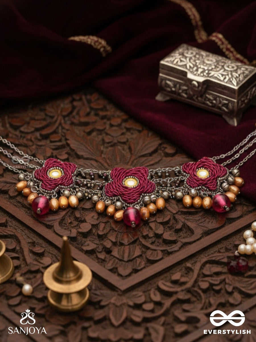 Sumanas - The Burgundy Flowers - Mirror, Resham, Dabka And Glass Drops Hand Embroidered Oxidised Choker Neckpiece