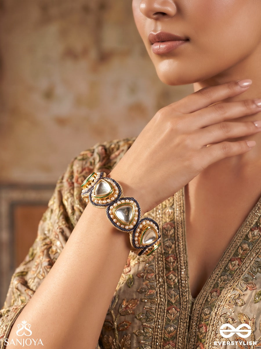 Mayoori – Peahen Grace – Heritage Bangle (Single) With Navy Threadwork, Mirror Kundan Motifs, Pearl Borders And Emerald Accents