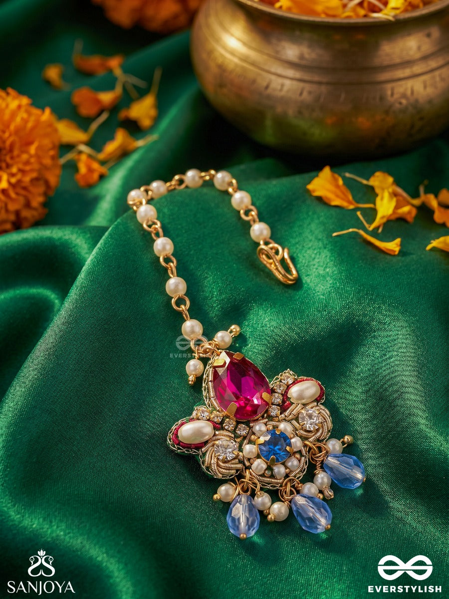 Pratyusha – First Light Of Dawn – Ornate Maangtika With Floral Kundan Motif, Multi-Colour Gem Drops And Crystal Accents