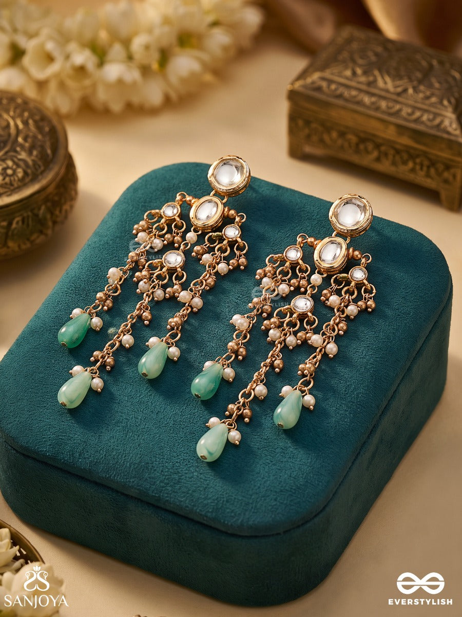 Tanirika – Water-Born Beauty – Heritage Earrings With Mirror Kundan Motifs, Pearl Clusters, Cascading Chains And Aqua Drop Accents