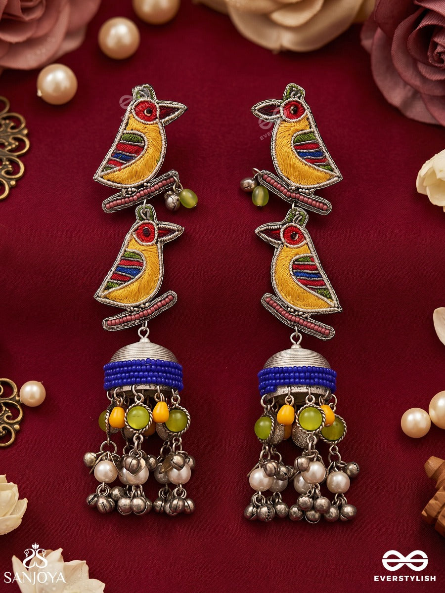 Chakli – Little Sparrow – Navratri Inspired Earrings With Colourful Bird Motifs, Thread-Wrapped Jhumkas, Vibrant Beads And Oxidised Ghungroos