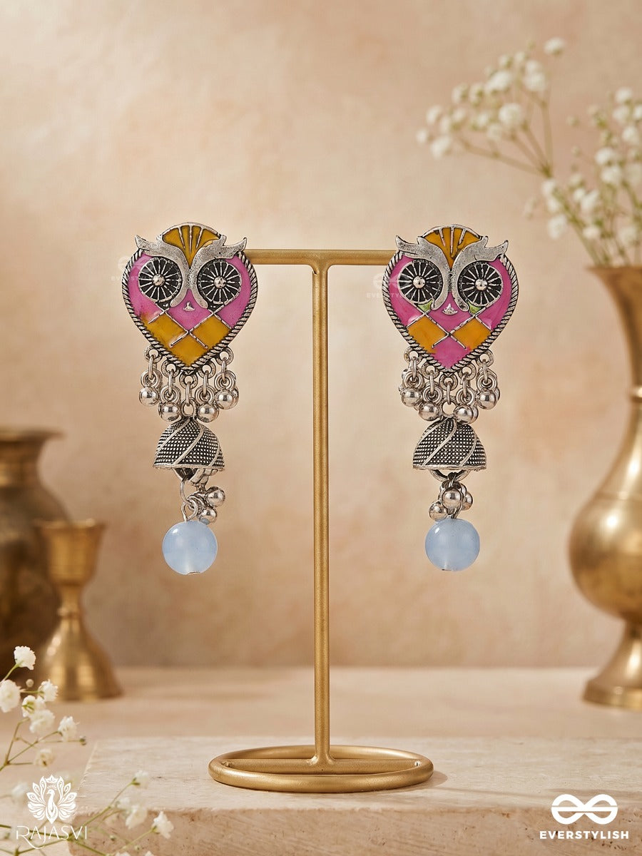 Nishapankhi – Oxidised Enamel Earrings With Owl Motifs, Tribal Charms And Sky Blue Bead Drops