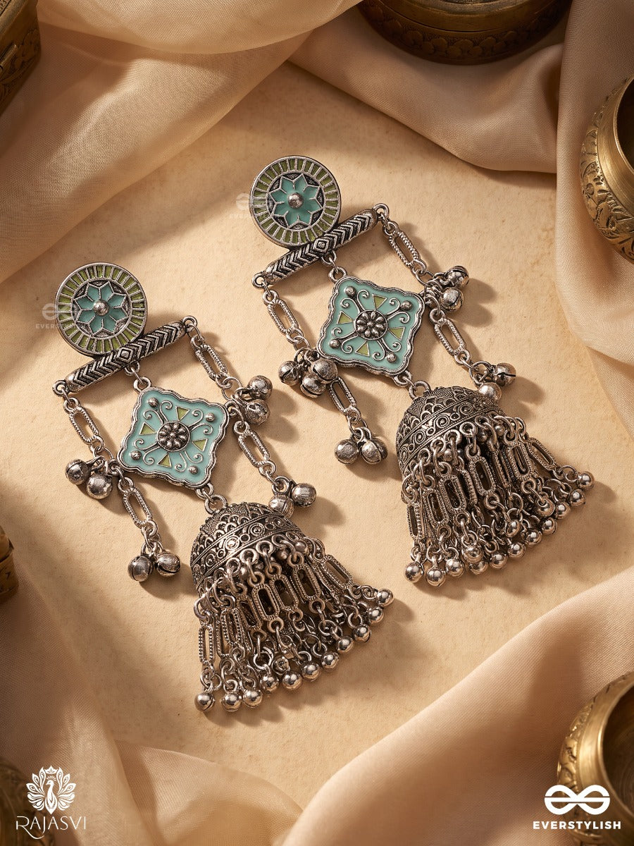 Firozmala – Oxidised Jhumka Earrings With Turquoise Enamel And Ornate Filigree