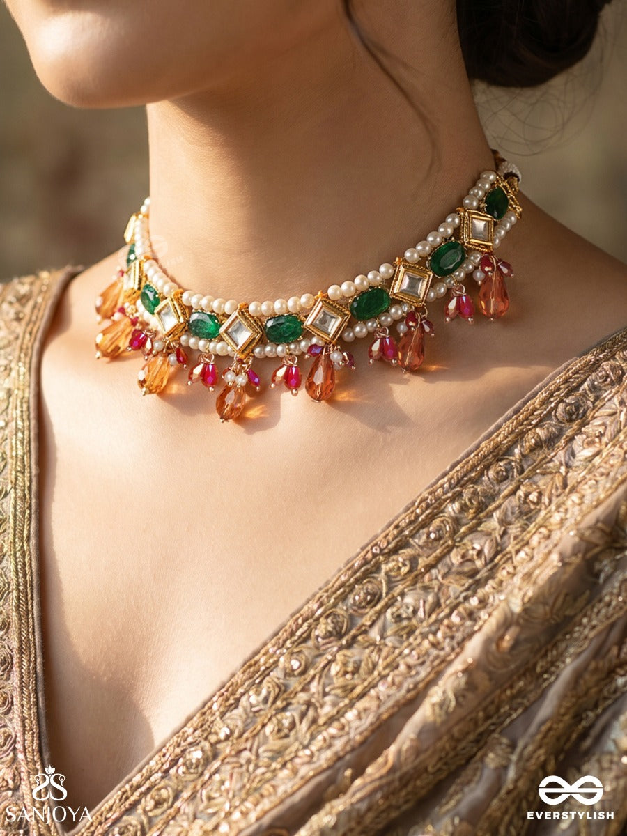 Parnajyoti – Radiant Foliage – Heritage Choker With Emerald Kundan Panels, Pearl Accents And Peach Crystal Drops