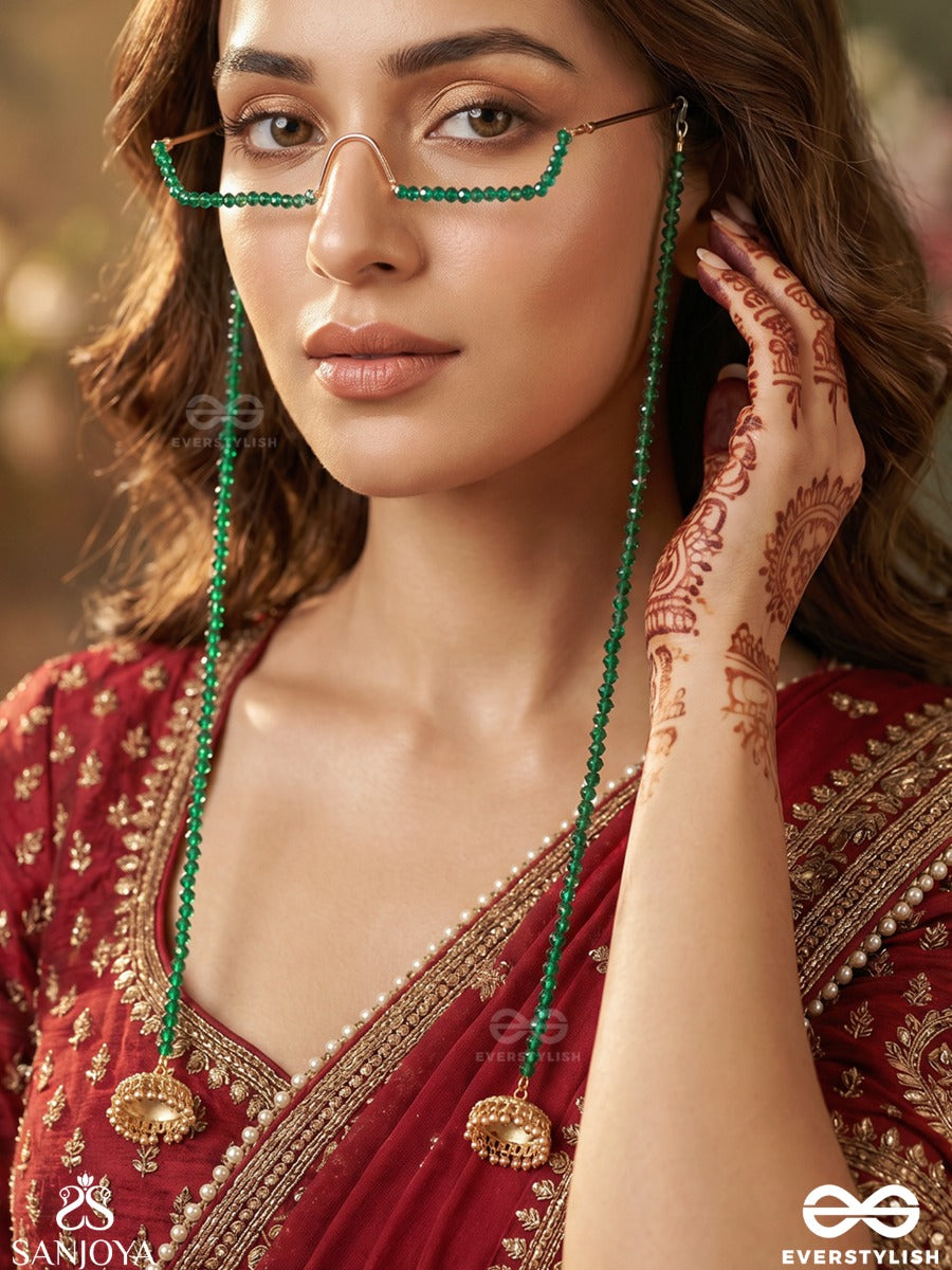 Kaumodini – Moonlit Bloom – Elegant Facelet With Green Gemstone Chains, Pearl Accents And Delicate Danglers