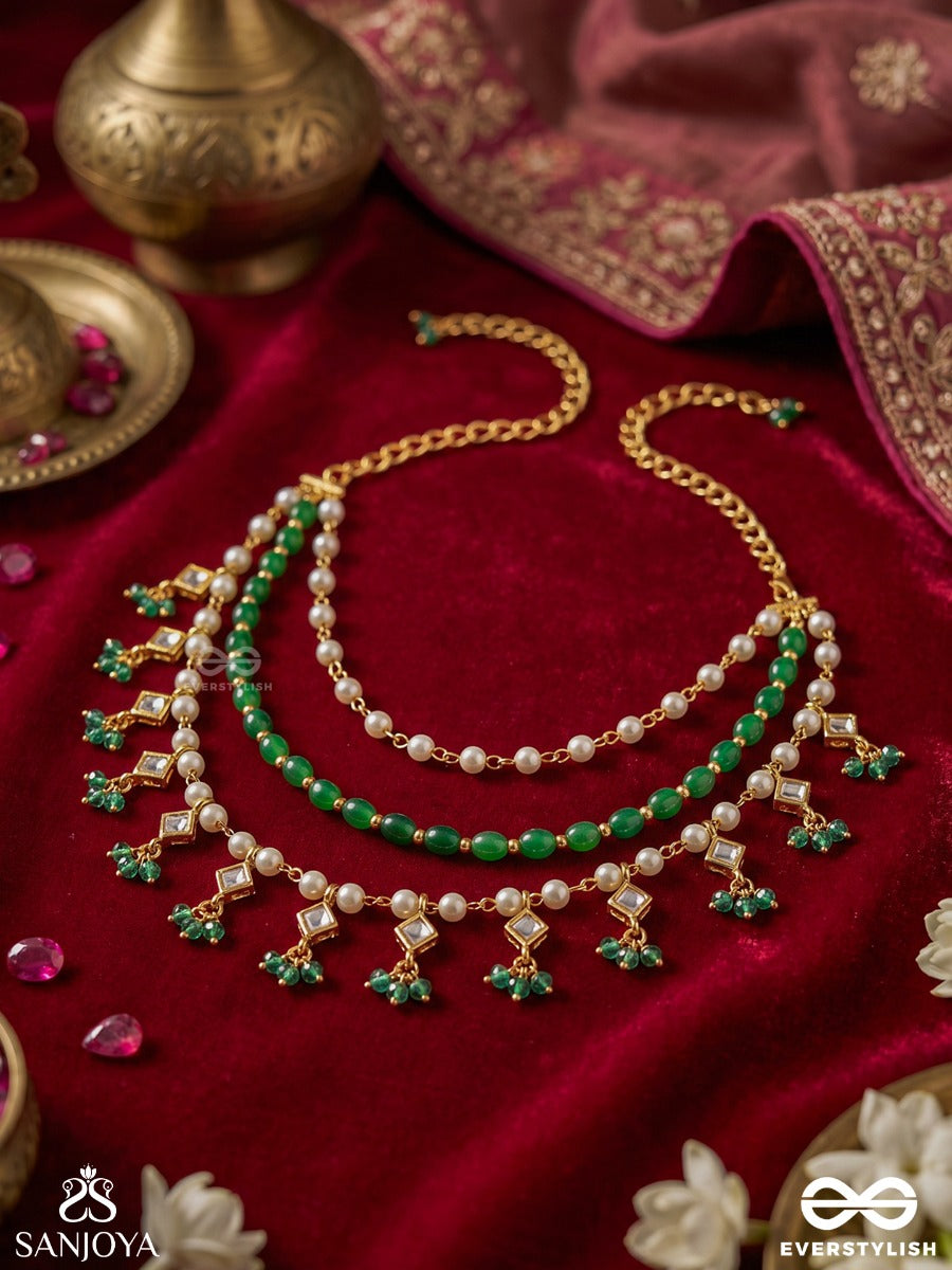 Taarvalli – Celestial Vine – Convertible Body Jewellery That Styles As A Necklace Or Shoulder Chain With Emerald Bead Drapes, Pearl Drops And Floral Accents