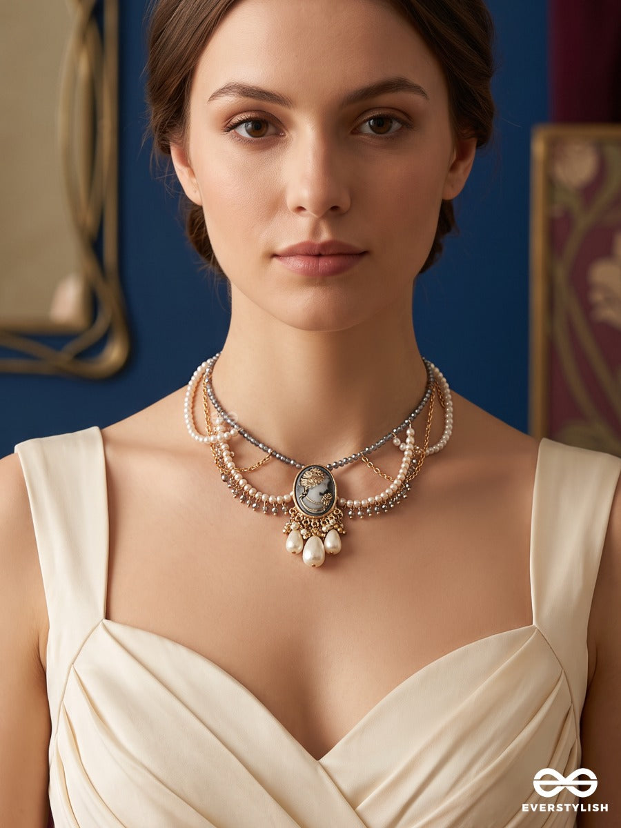 Zaria – Delicate Necklace With Draped Pearl Strands, Centre Charm And Mixed-Tone Details