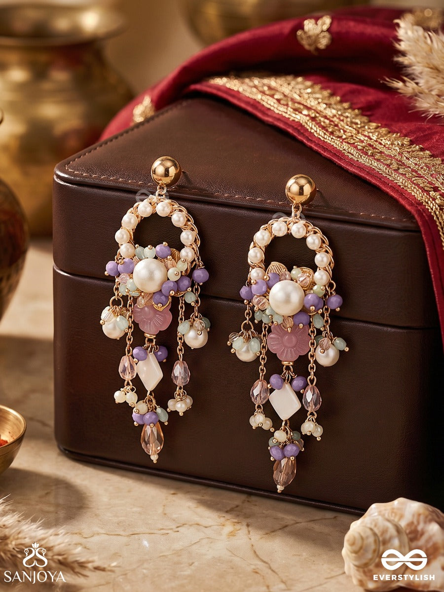 Mriduvani – Soft Melody – Elegant Earrings With Pearl-Edged Hoop Motifs, Blush Pink Floral Centers, Soft Pastel Bead Accents And Delicate Dangling Details