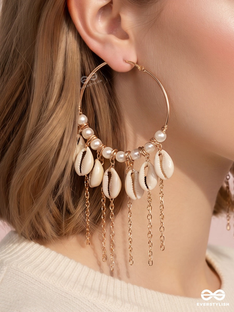 Seaside Charm – Gold Hoop Earrings With Cowrie Shells, Pearls And Cascading Chain Tassels