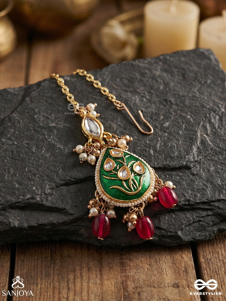 Sindurya - Scarlet Rays- Grand Crescent Enamel Kundan Maangtika With Pearls And Beads