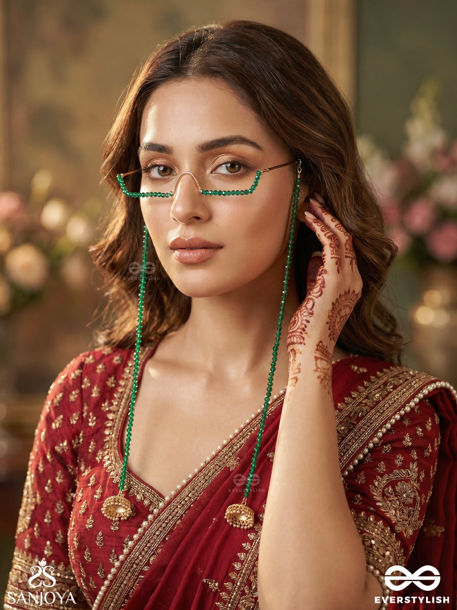 Kaumodini – Moonlit Bloom – Elegant Facelet With Green Gemstone Chains, Pearl Accents And Delicate Danglers