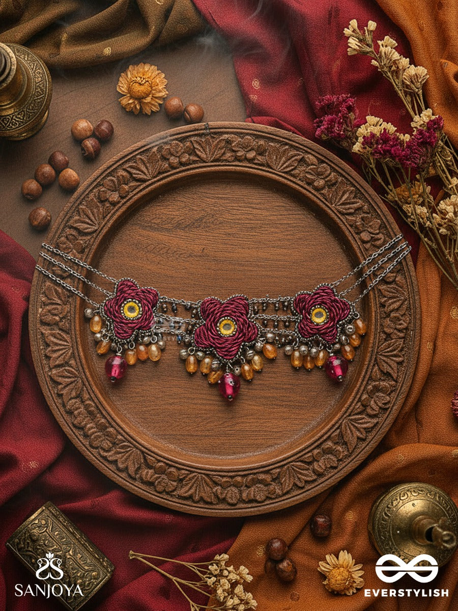 Sumanas - The Burgundy Flowers - Mirror, Resham, Dabka And Glass Drops Hand Embroidered Oxidised Choker Neckpiece