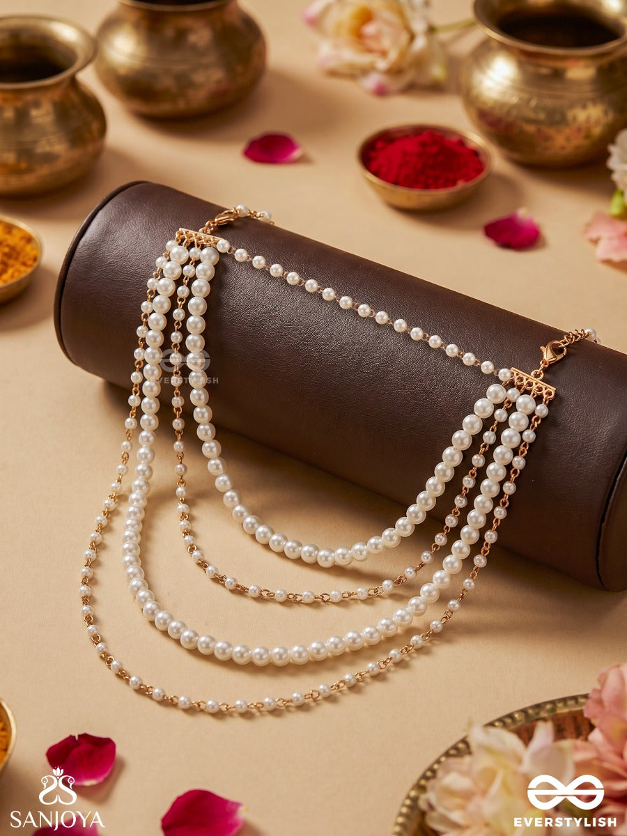 Rasaavali – Garland Of Grace – Convertible Body Jewellery That Styles As A Necklace Or Shoulder Chain With Four Layered Pearl Drapes And Delicate Golden Chains