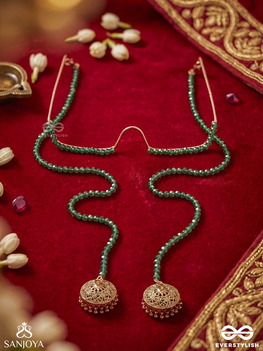 Kaumodini – Moonlit Bloom – Elegant Facelet With Green Gemstone Chains, Pearl Accents And Delicate Danglers