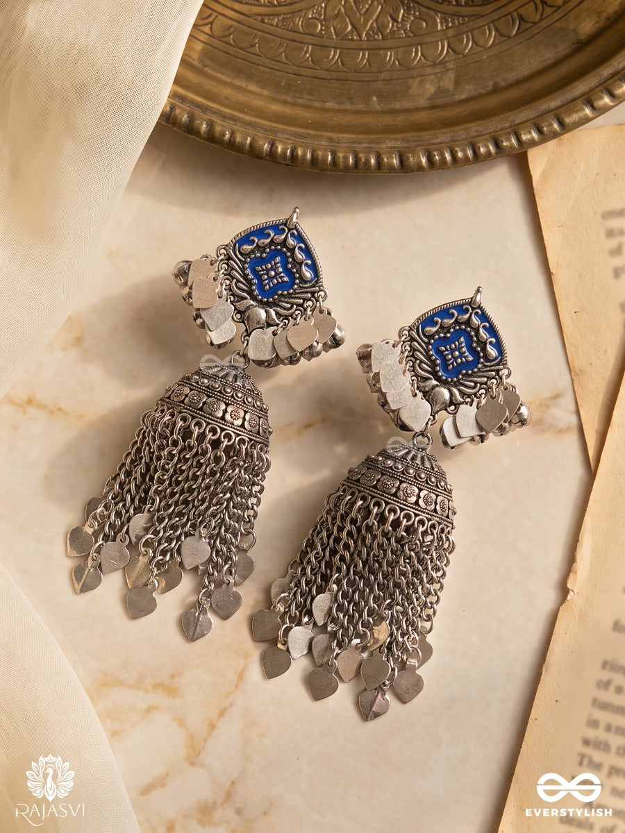 Jhanjhari – Oxidised Jhumka Earrings With Blue Enamel And Silver-Tone Chain Fringes