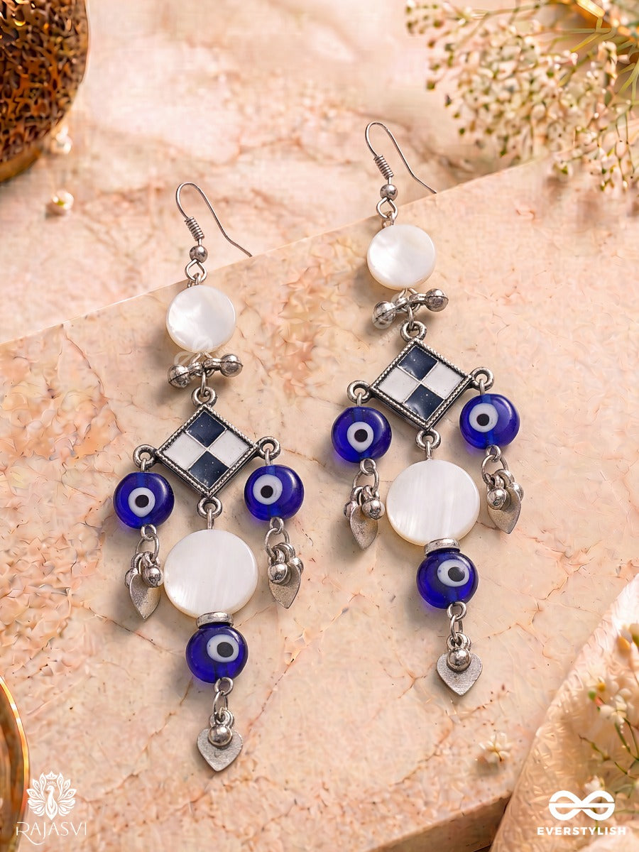 Tarakshi – Oxidised Earrings With Blue Evil Eye Beads And Shell Accents