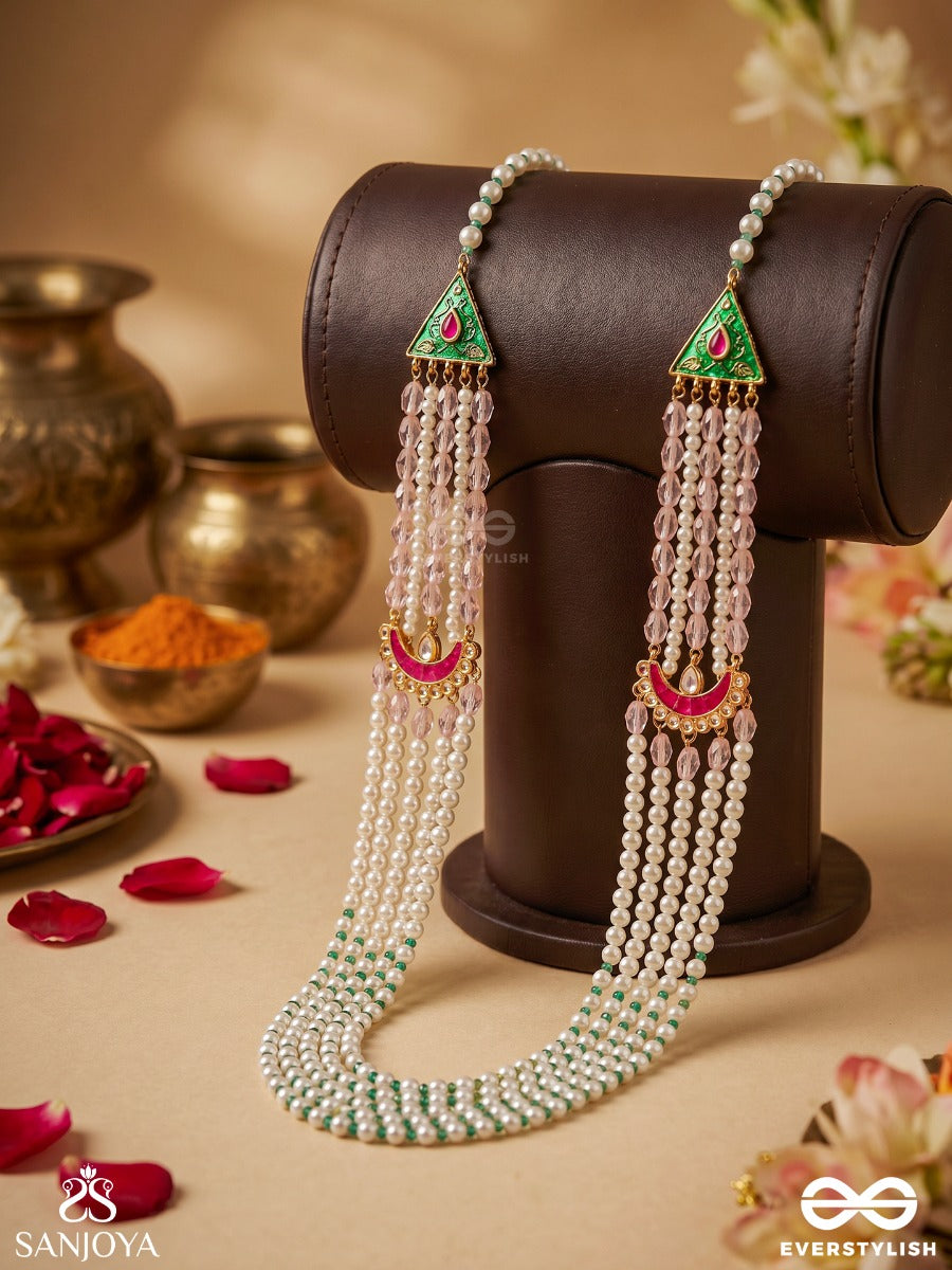 Falakshree – Heavenly Splendour – Multi-Layer Pearl Rani Haar With Enamel Crescent Motifs, Green Bead Accents And Regal Detailing
