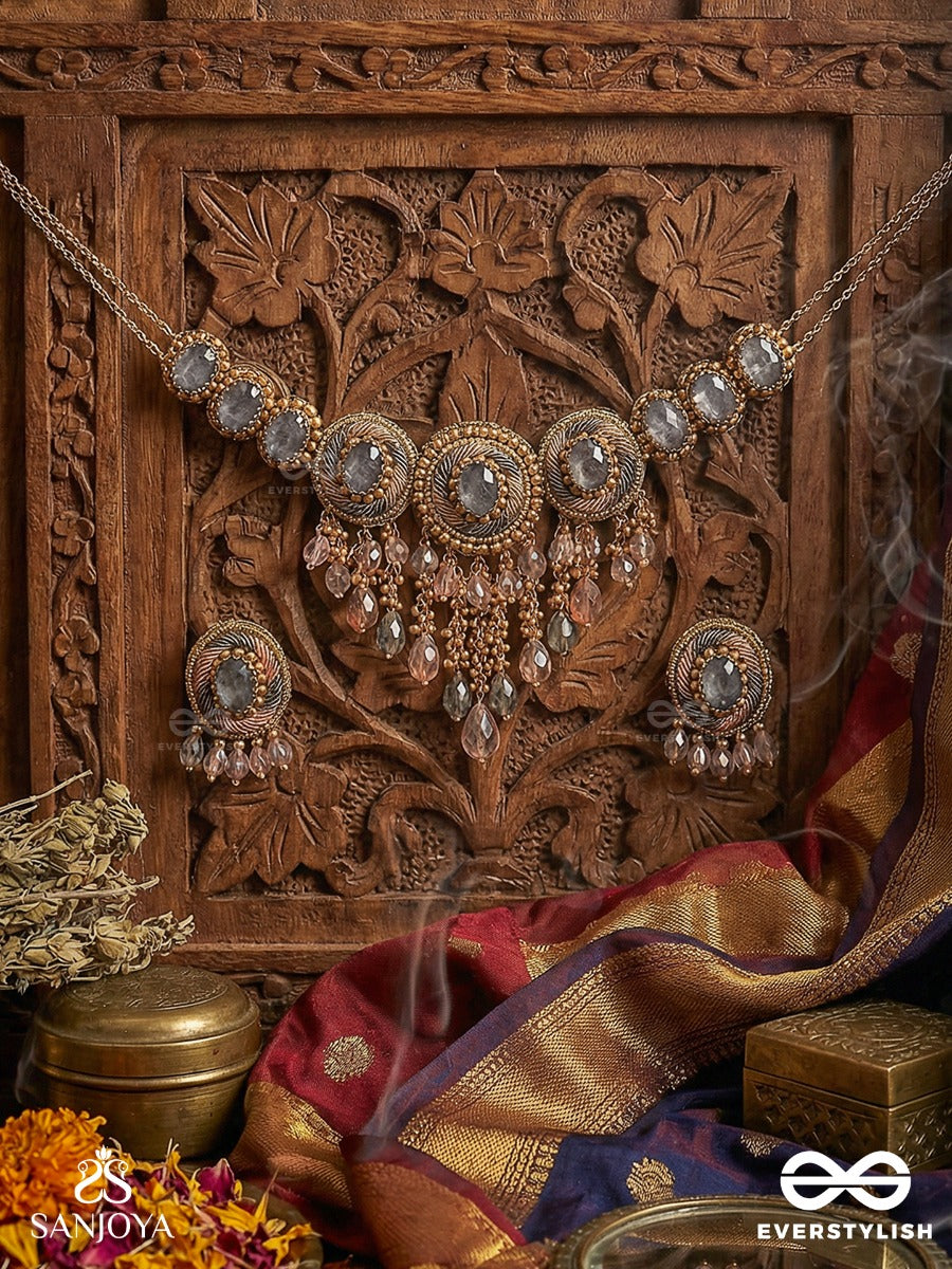Bijaksara - The Secret Spell - Stones, Beads And Glass Drops Hand Embroidered Set With Choker Neckpiece & Earrings