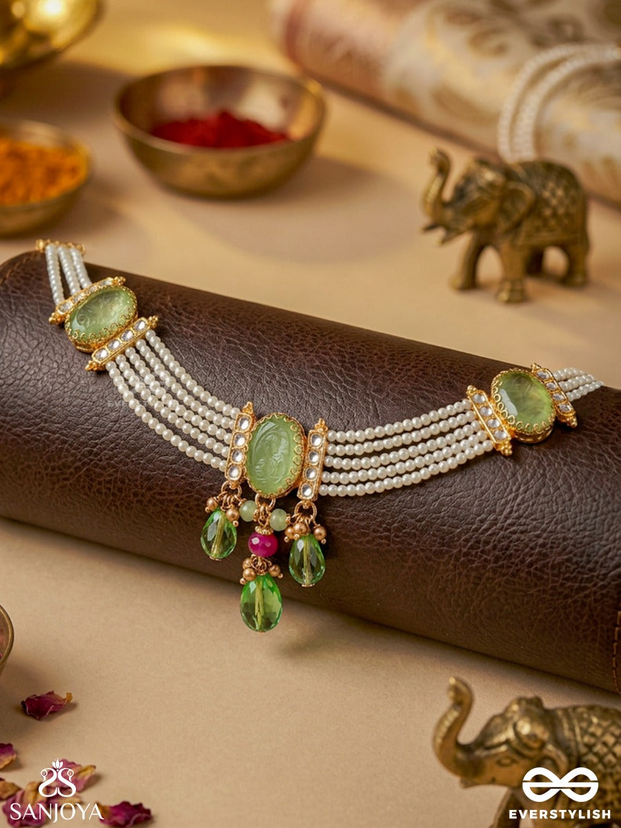 Ambuprabha – Radiance Of The Waters – Elegant Multi-Strand Necklace With Pearl Layers, Carved Green Stones And Crystal Drop Accents