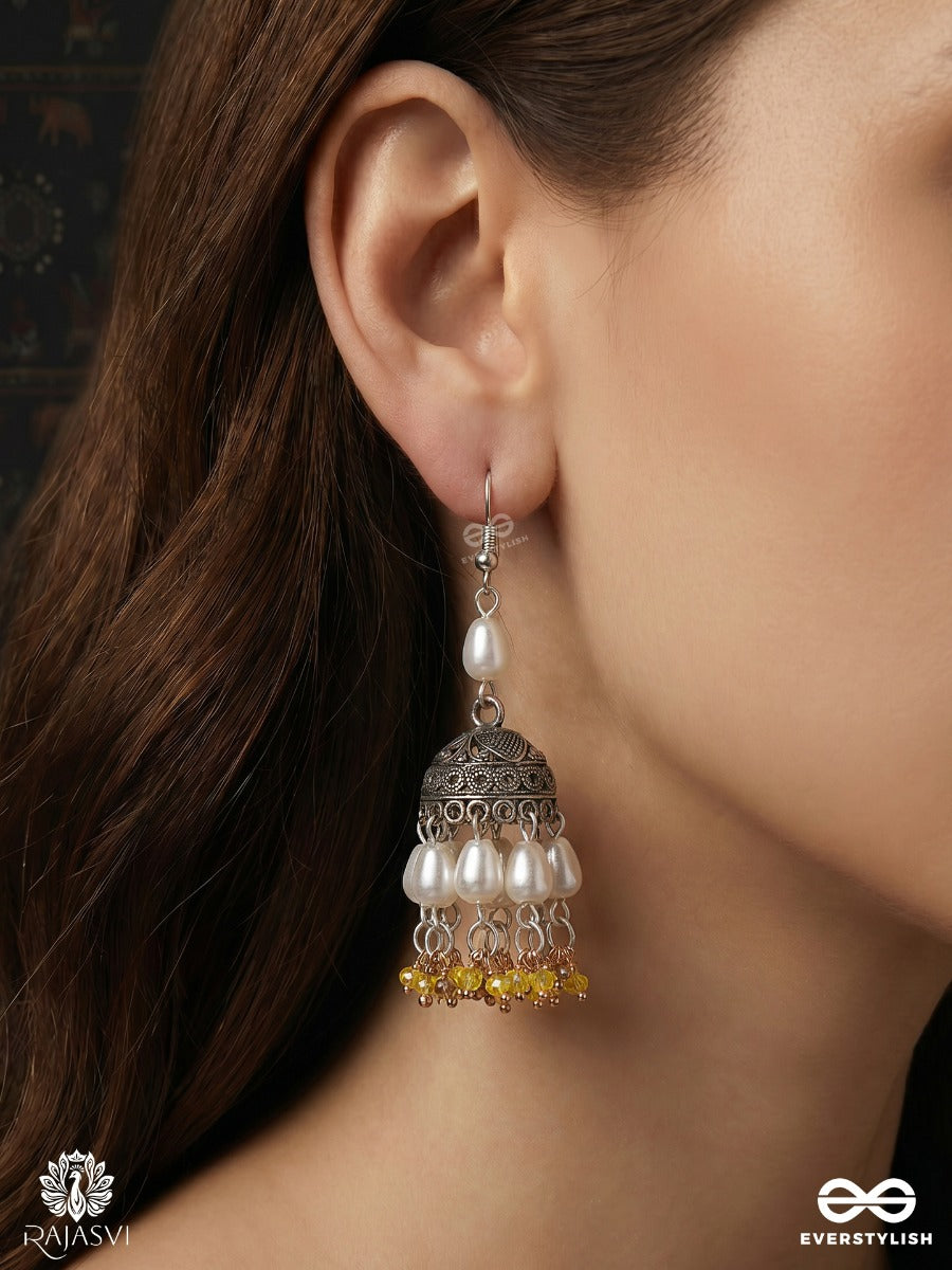 Chandramukhi – Oxidised Dome Jhumka Earrings With Layered Pearl Clusters And Golden Bead Fringe