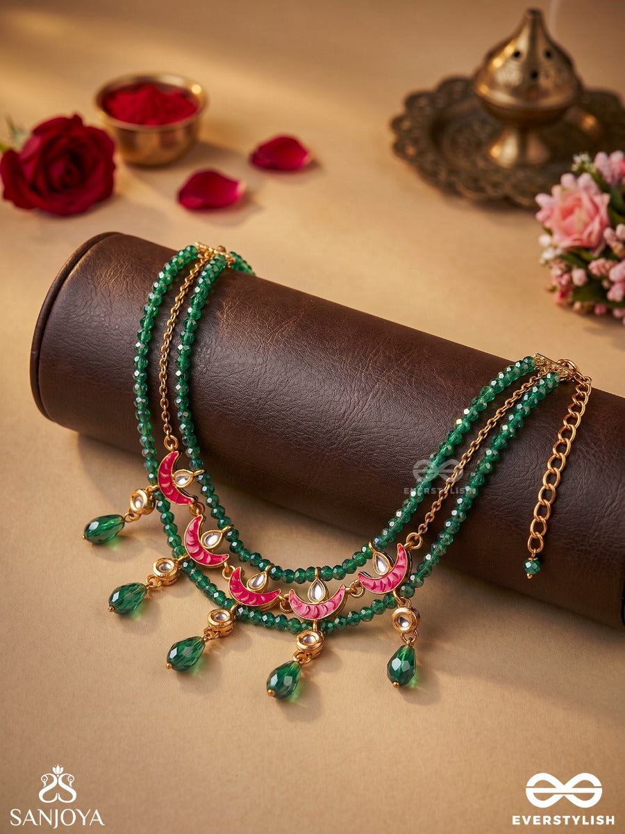 Vainateya – Celestial Majesty – Double-Strand Choker With Emerald Beadwork, Enamel Crescent Motifs And Dangling Green Drops