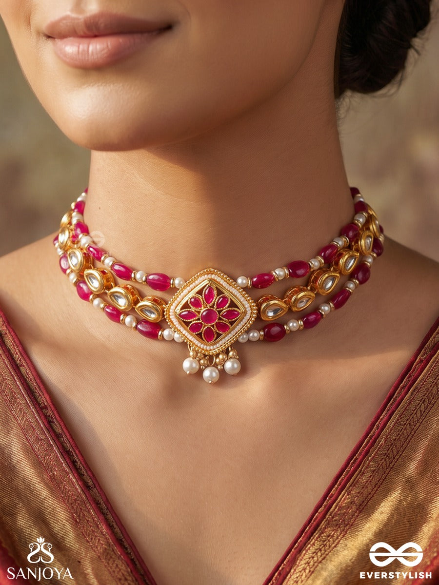 Kaushiki – Goddess Durga – Elegant Choker With Twin Red Bead Rows, Kundan Flower And Delicate Golden Details