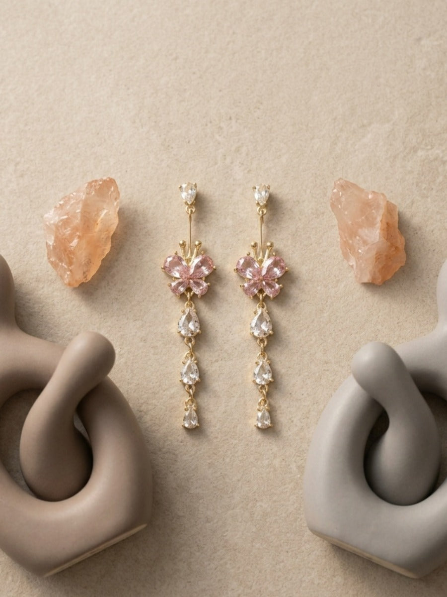 Lilac Dew - Silver-Tone Long Crystal Floral Drop Earrings