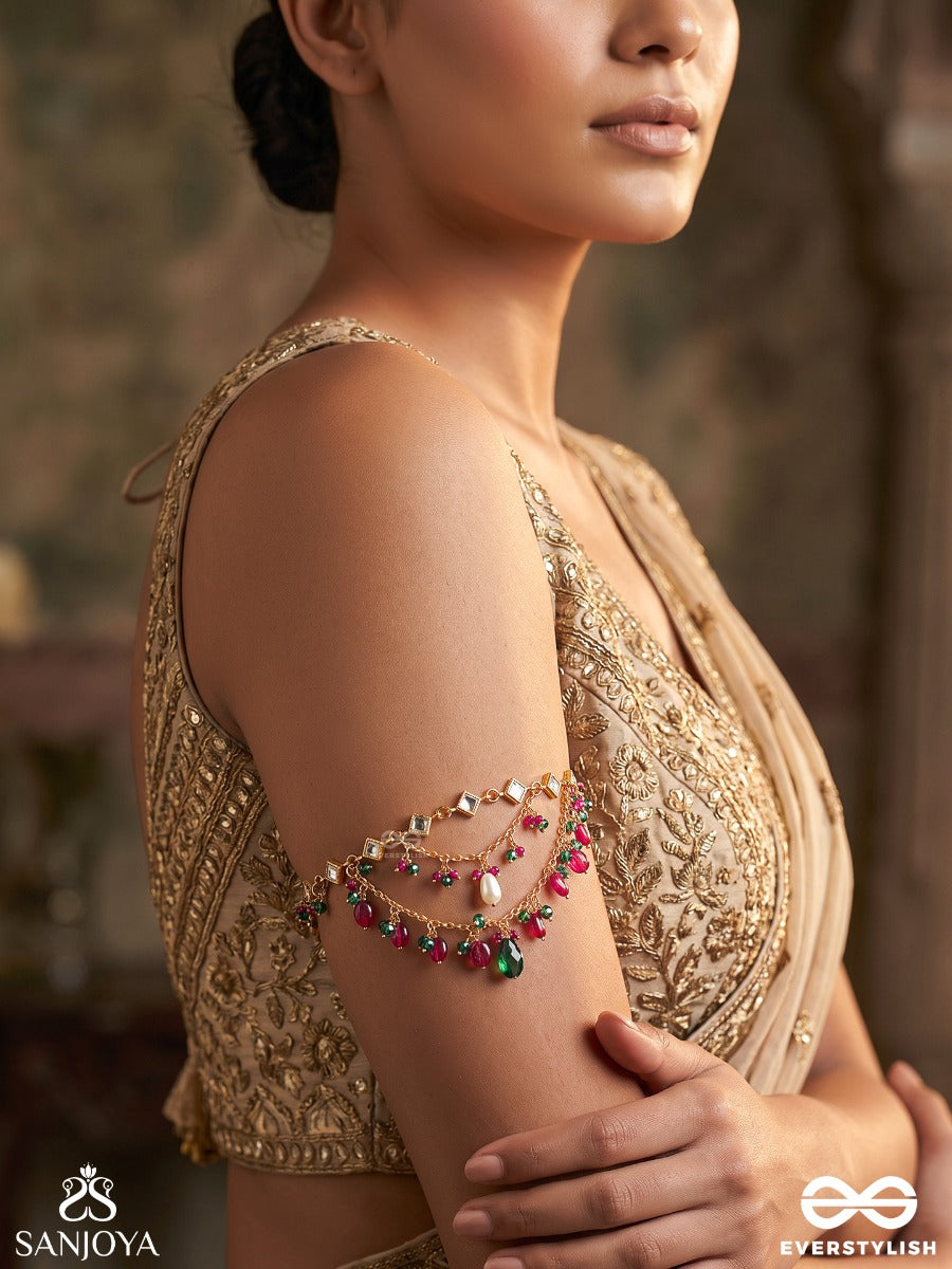Kalyani – Auspicious One – Heritage Armlet (Single) With Kundan Linkwork, Layered Pearl Chains, Pink-Green Bead Drops And Golden Detailing