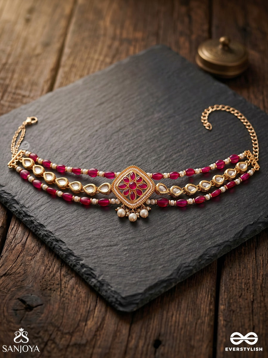 Kaushiki – Goddess Durga – Elegant Choker With Twin Red Bead Rows, Kundan Flower And Delicate Golden Details